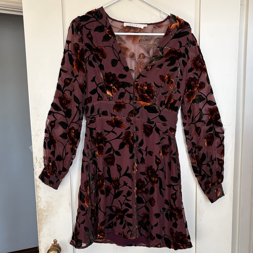 ASTR The Label size S velvet and sheer floral long sleeve dress eggplant/orange